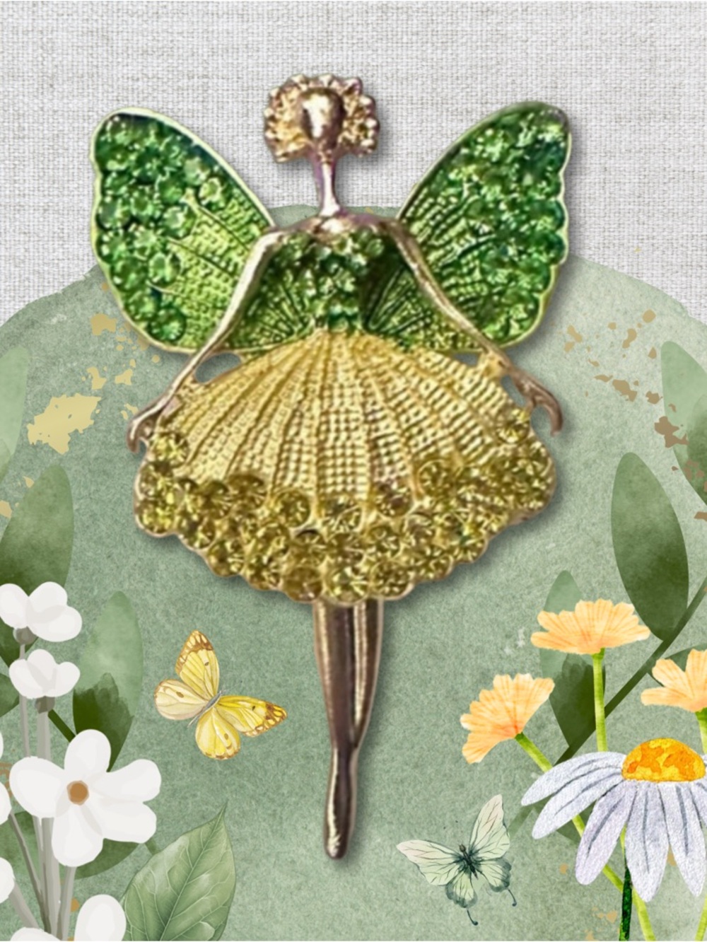 New Cute Sparkly Green and Gold Fairy Brooch with Moving Legs (1.75" w x 2.5" t)